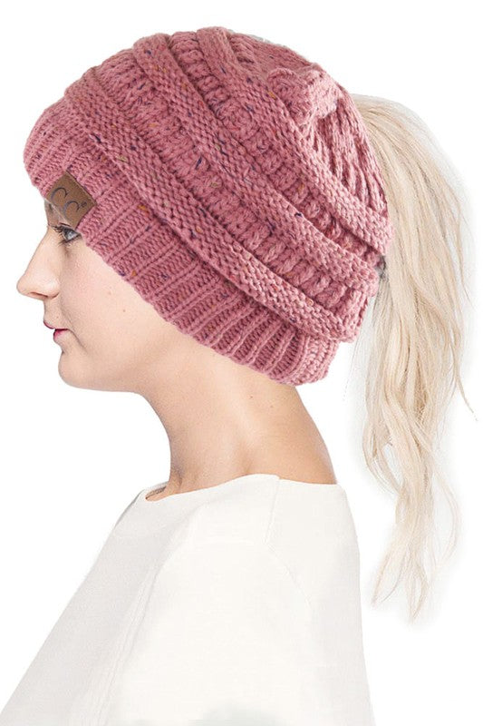 pink fleck ponytail winter hat