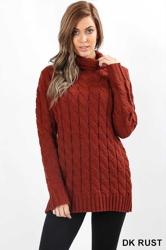 rust cable knit sweater with a cowl neck