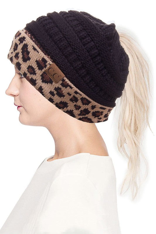 black hat with leopard print band ponytail hat