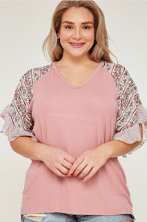 Blush contrast bell sleeve top