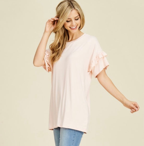 blush top with ruffle sleeve detail