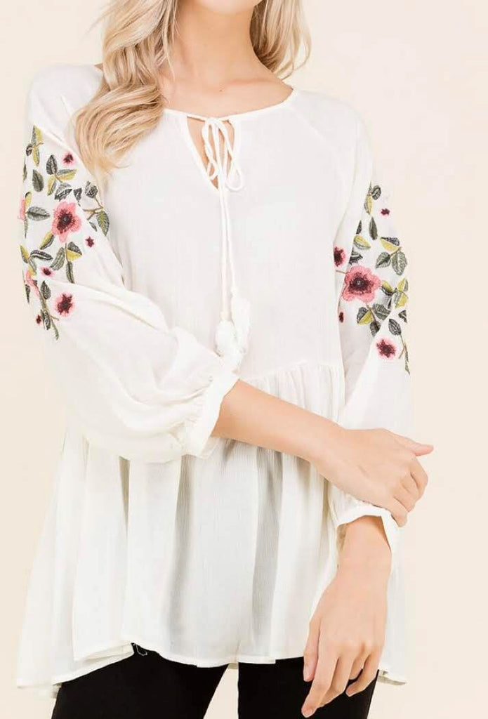 Embroidery Top, 3/4 embroidered sleeve tunic – Just Bee-You Modest
