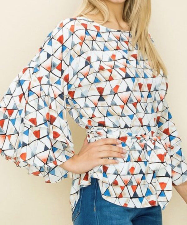 triangle print tiered ruffle blouse with belt